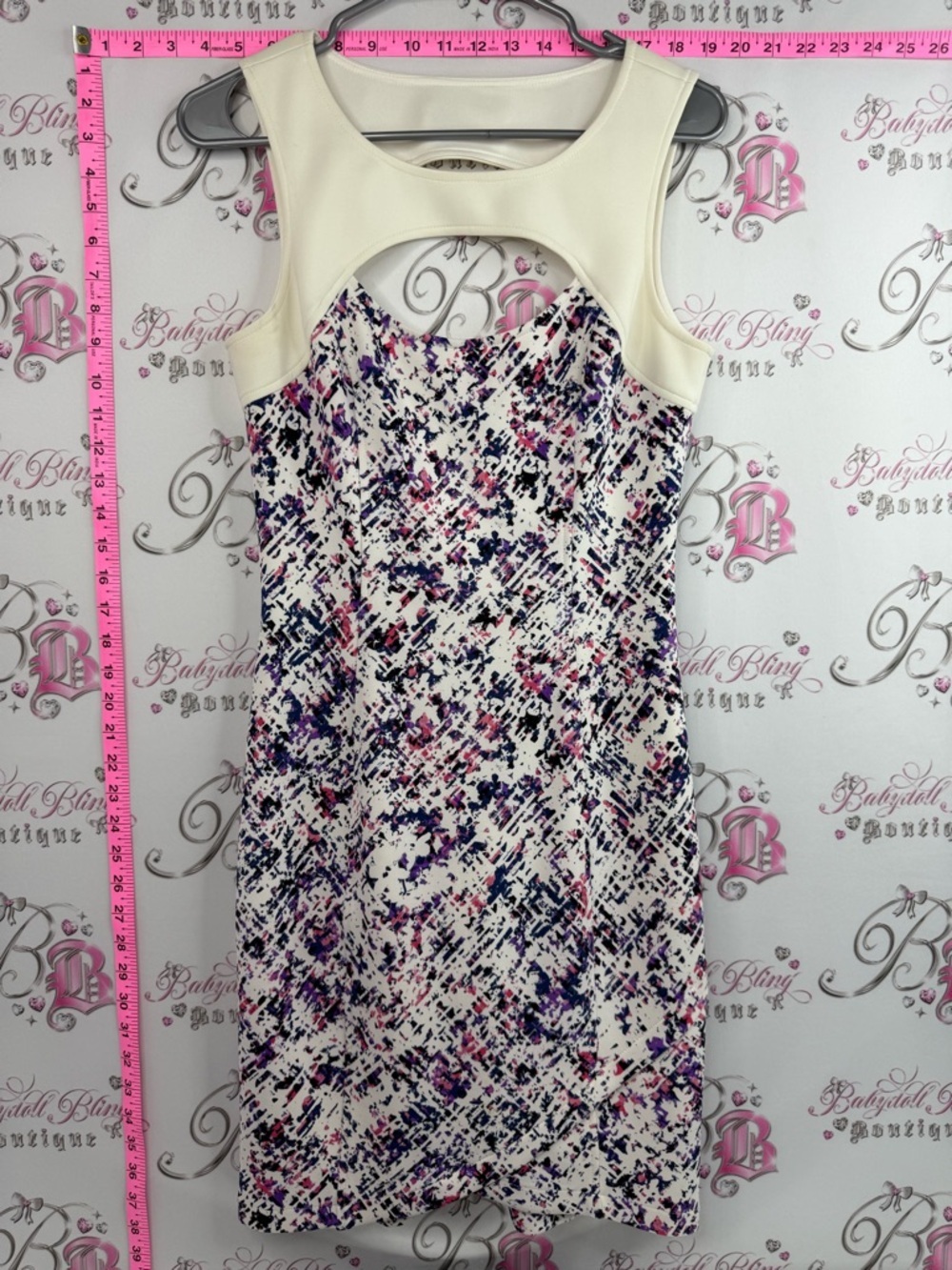 Guess dress cut outs Cream Midi Dress with Pink & Purple Abstract Print